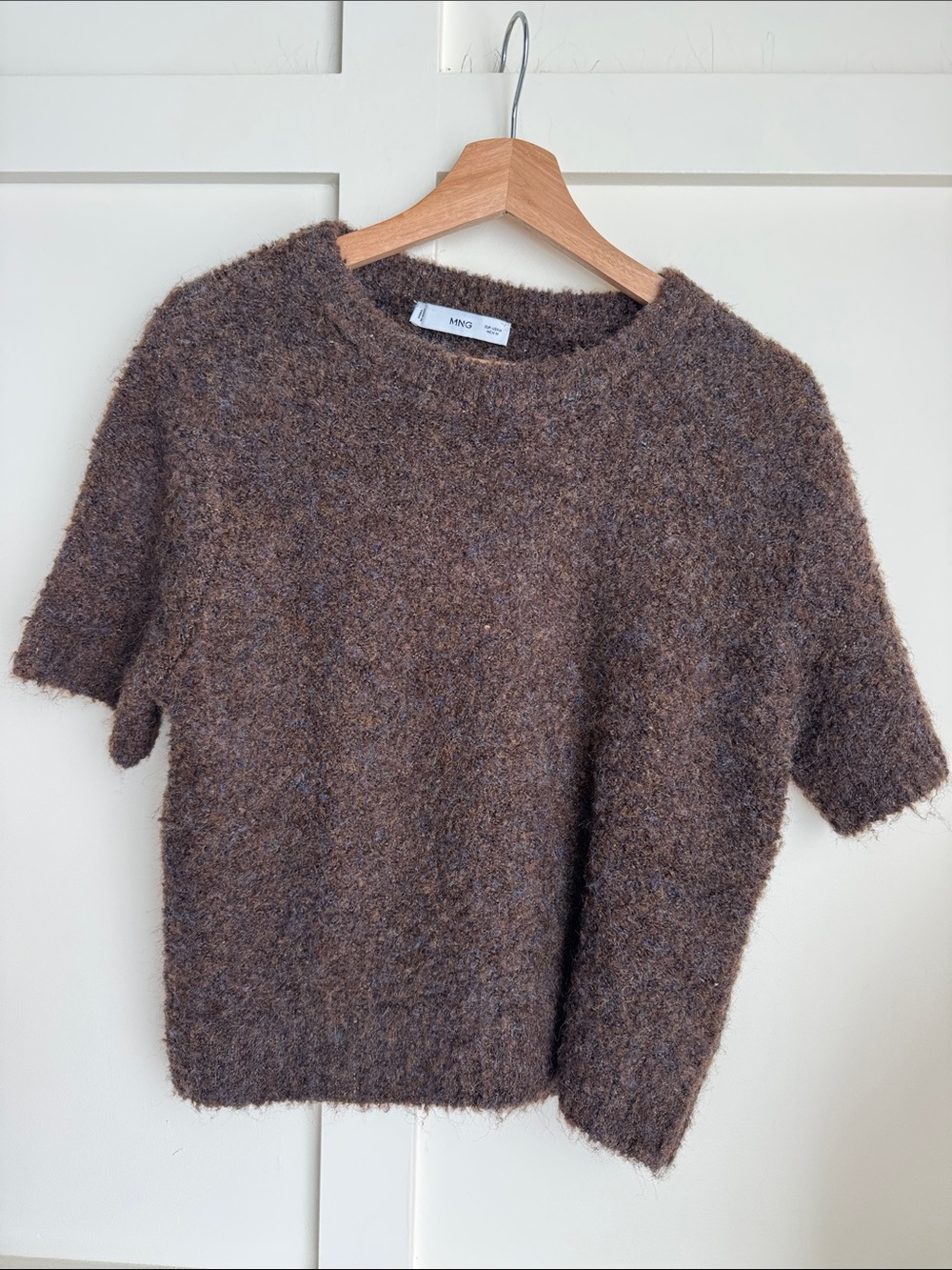 Mango Fuzzy Crewneck Short-Sleeve Sweater in Brown